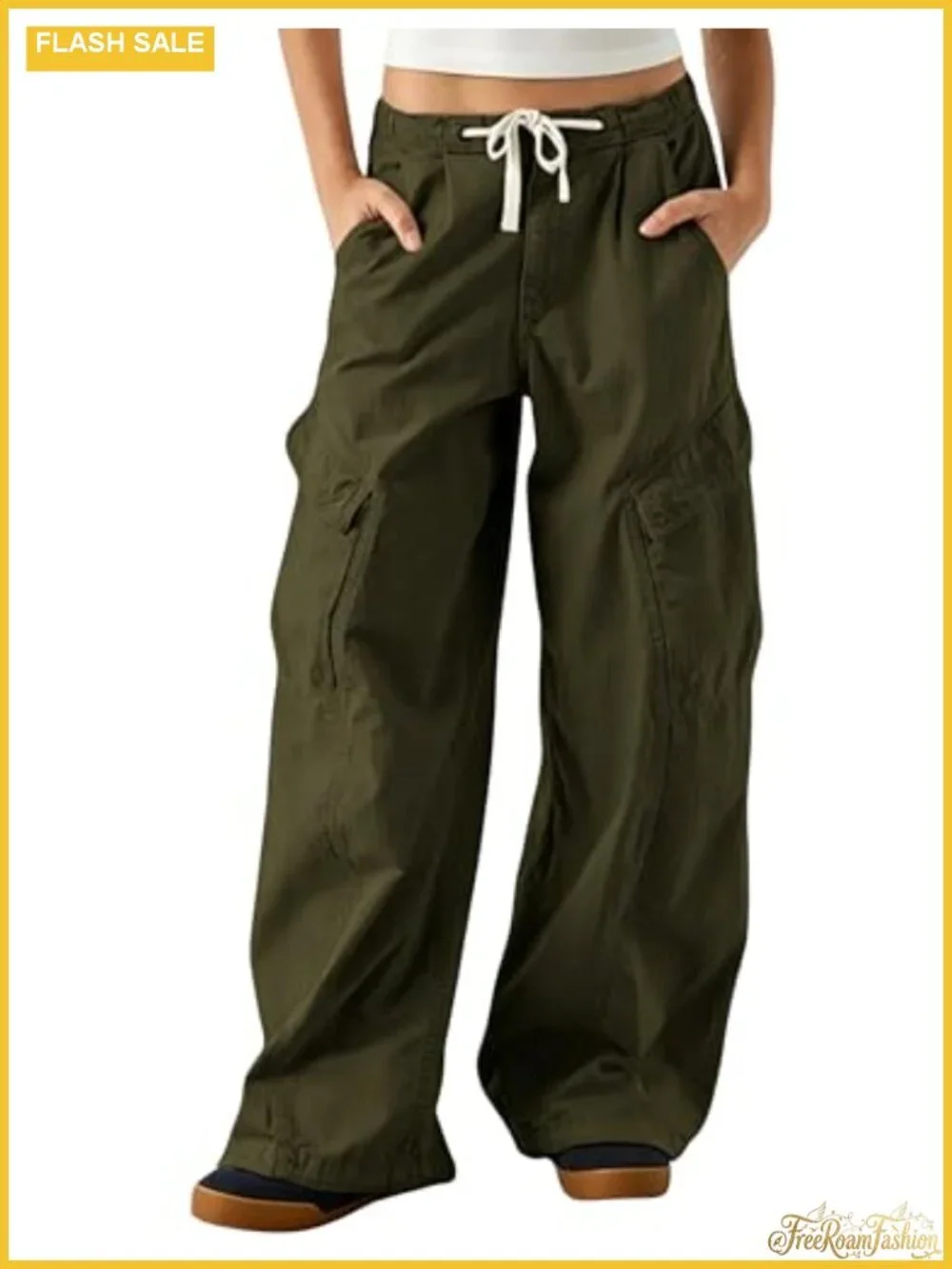 Women's Barrel Leg Cargo Pants Drawstring Waist Baggy Jeans Cotton